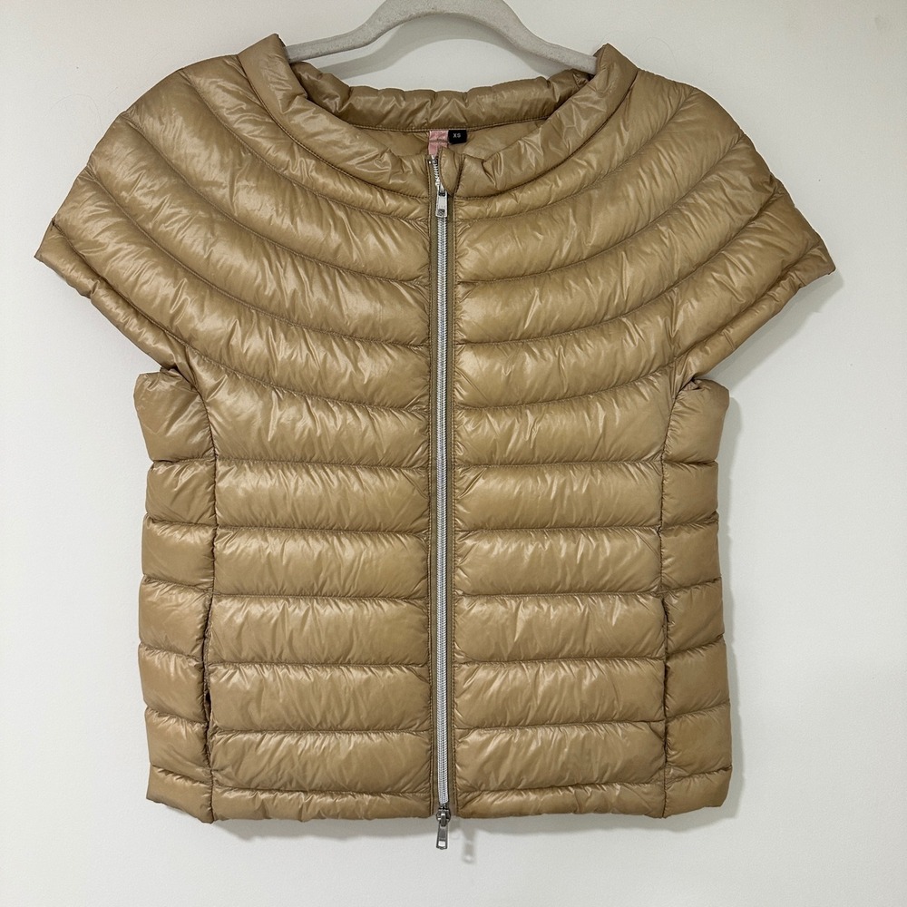 Cotes of London Down Puffer Vest Women XS Champagne Gold Quilted Cap Sleeve Zip